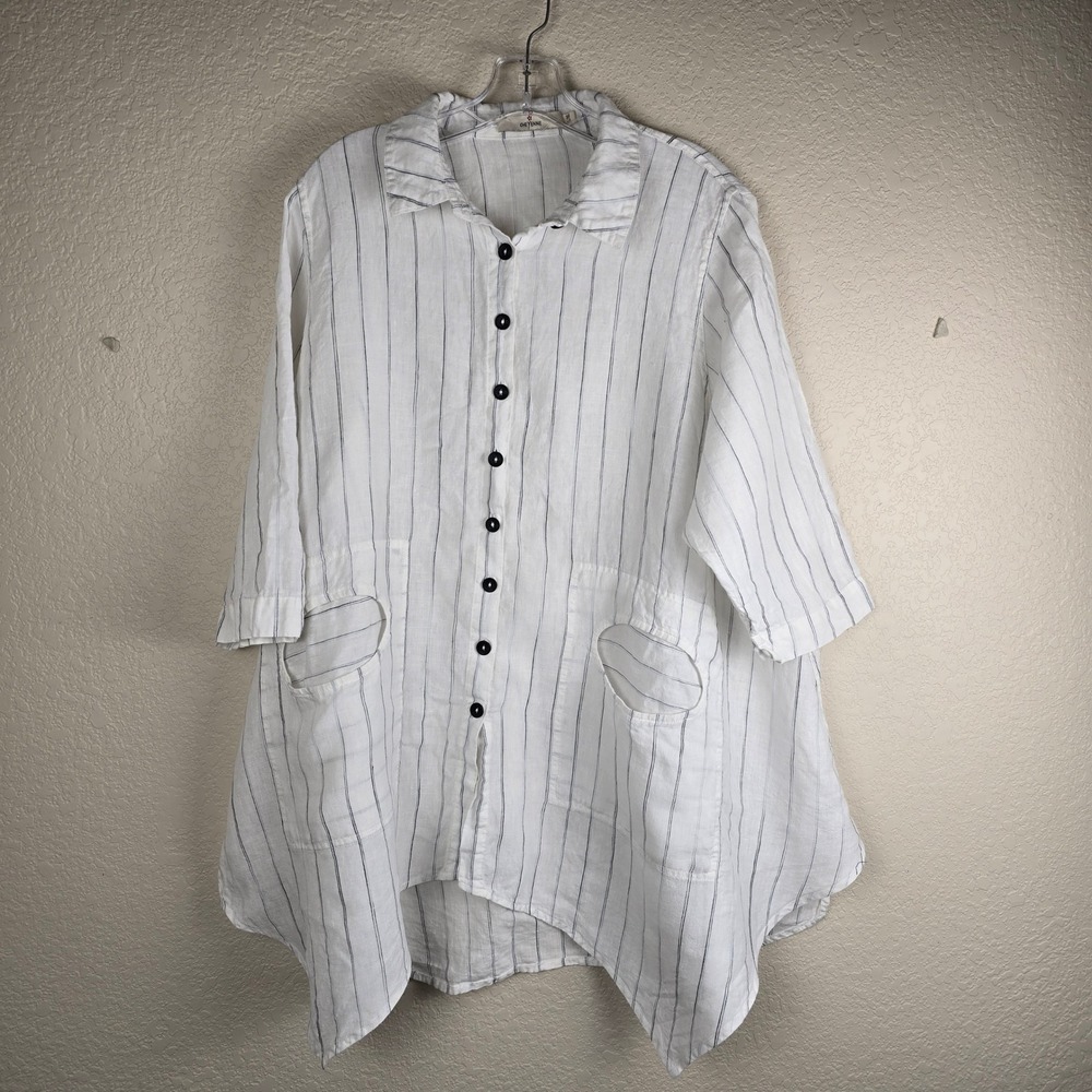 Cheyenne Linen Button Down Shirt Lagenlook Striped Tunic Size L/XL